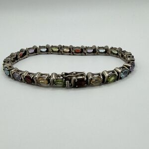 925 Sterling Silver Multi Color Gemstone Oval Tennis Bracelet 7.5" 17.8g